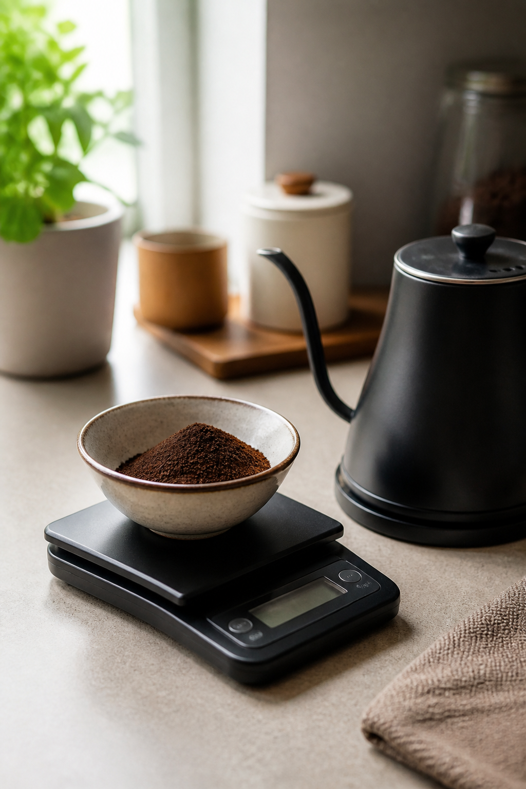 A kitchen scale showing ground coffee being weighed next to a kettle of water