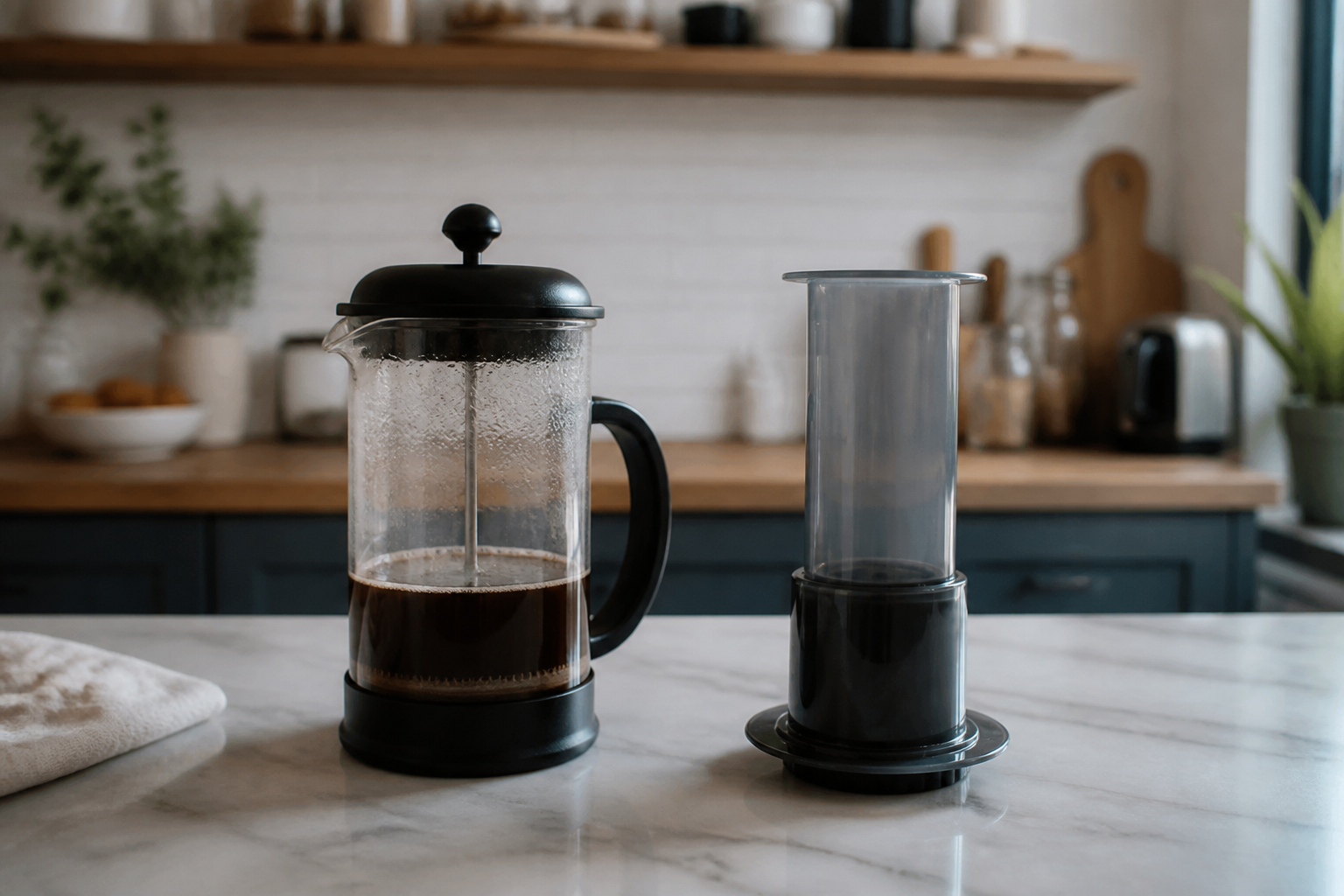 A French press and an AeroPress coffee maker side by side on a kitchen counter
